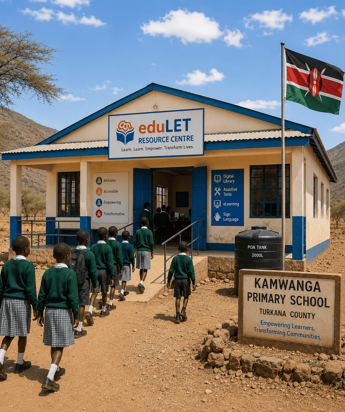 Students walk toward an eduLET Resource Centre at a rural primary school in Kenya, where inclusive digital learning, assistive technologies, and accessible educational resources support learners in underserved communities.