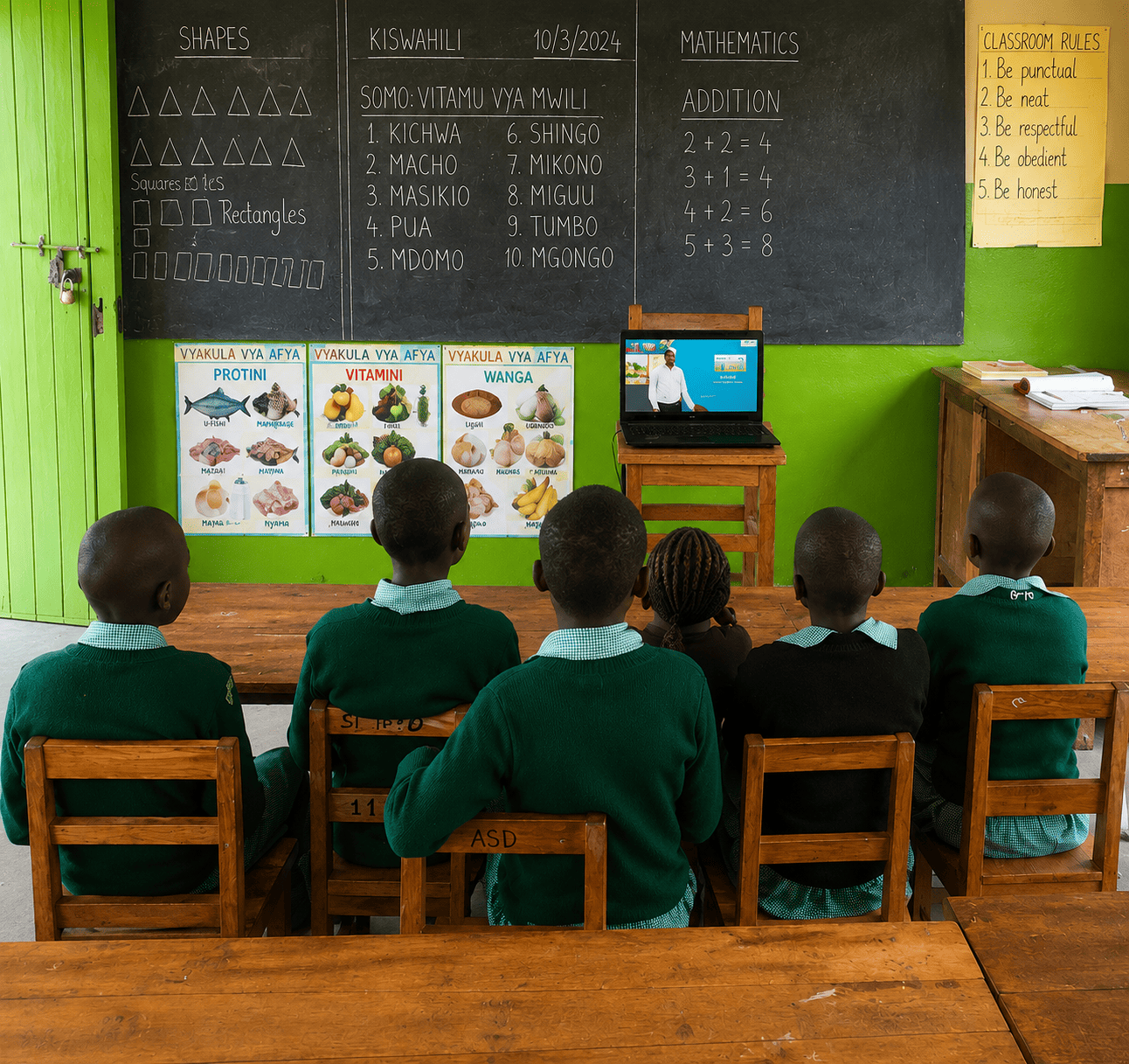 Students in a rural African classroom using eduLET Africa's digital learning platform to access interactive educational content through offline technology.