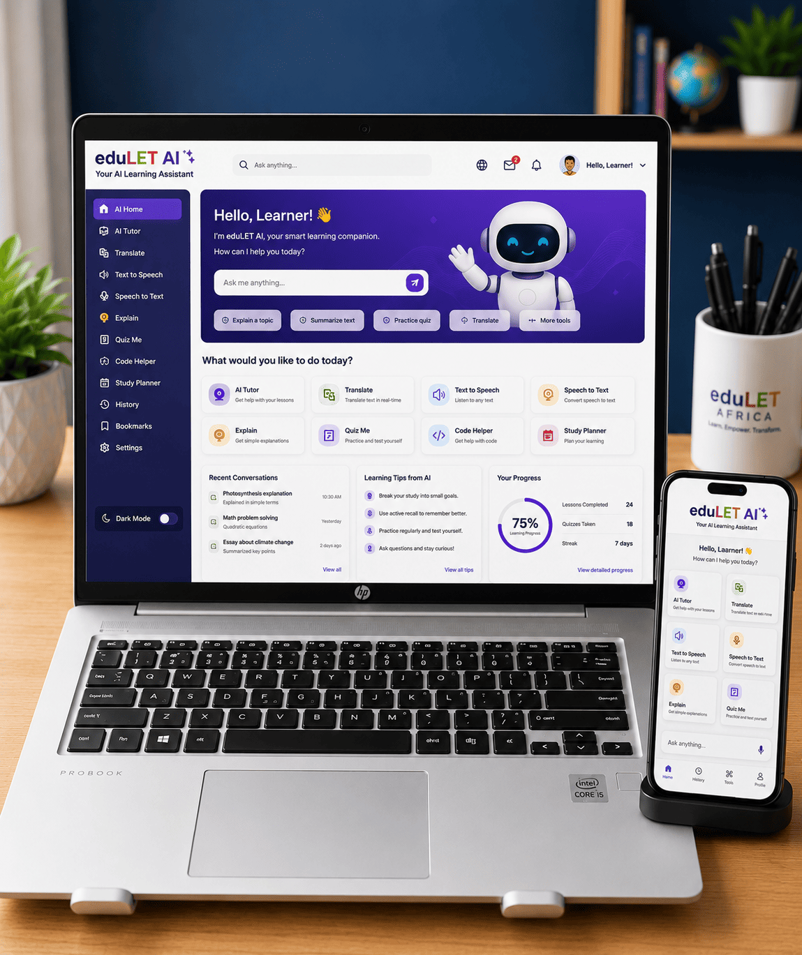 eduLET AI displayed on a laptop and smartphone, showcasing an AI-powered accessible learning assistant with tools including AI tutoring, translation, text-to-speech, speech-to-text, quizzes, and personalized learning support for learners with disabilities.