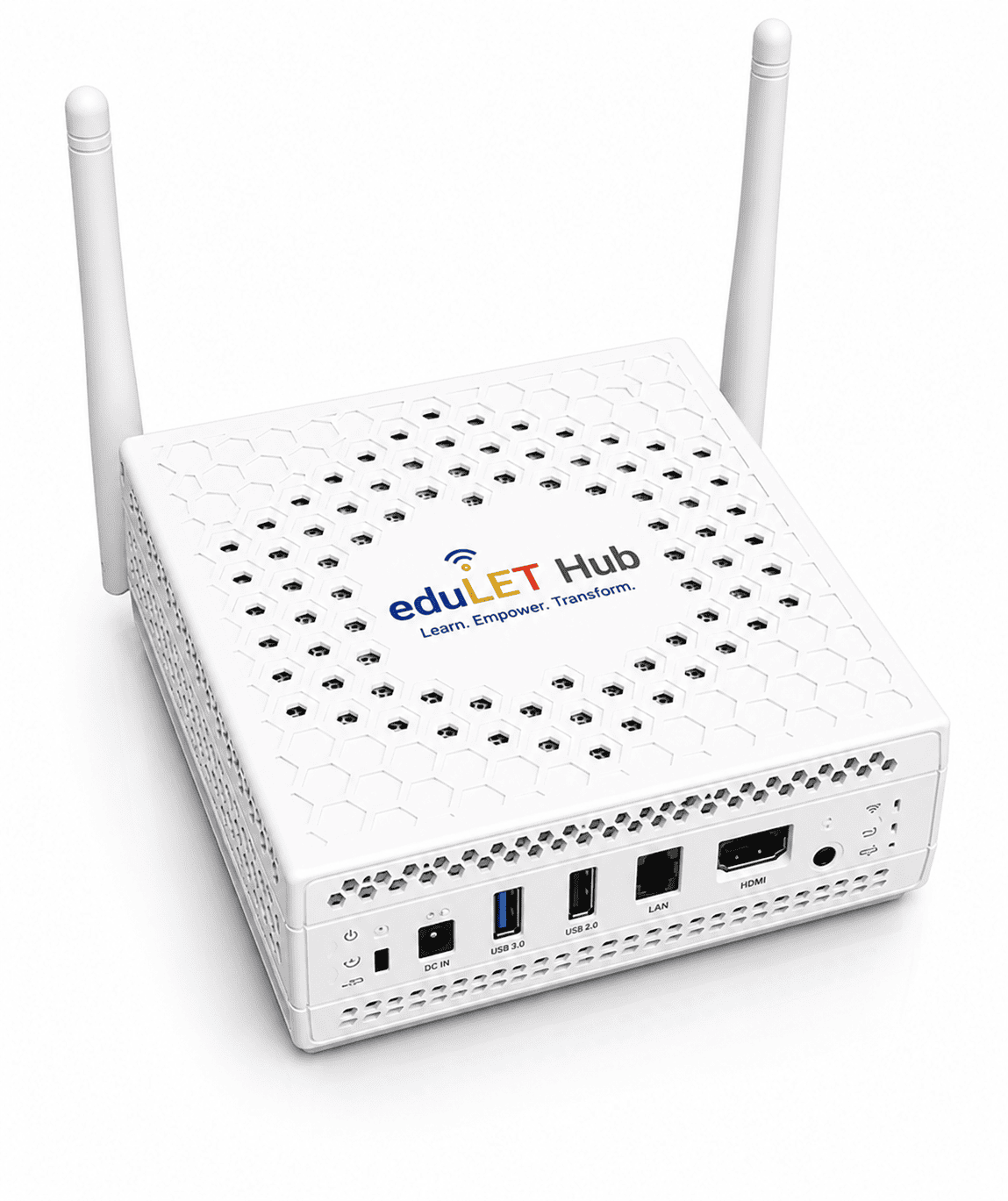 eduLET Hub portable offline learning server with dual Wi-Fi antennas, providing local digital learning, educational content, and connectivity for schools in remote and underserved communities.