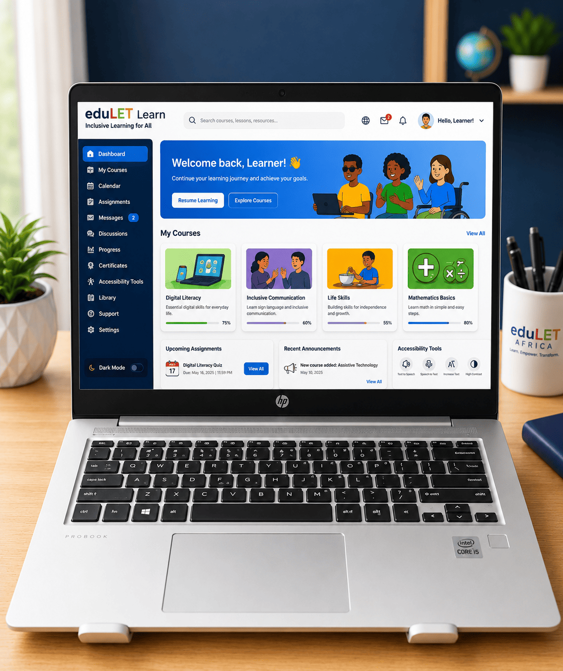 eduLET Learn Learning Management System (LMS) displayed on a laptop, providing accessible online learning with sign language, digital literacy, mathematics, life skills, accessibility tools, and inclusive courses for learners with disabilities across Africa.